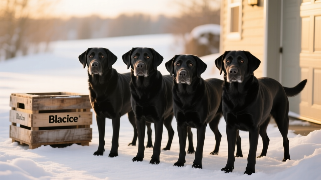 A group of sleek black Labrador Retrievers posing together on a snowy driveway, with subtle 'Blacice' branding visible on a nearby crate