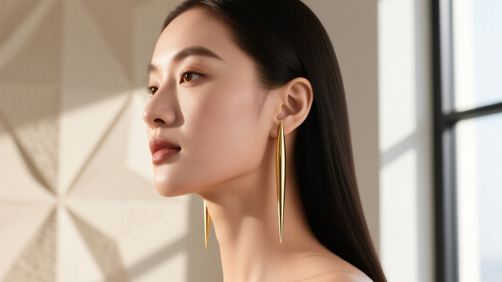 Woman wearing elongated 14k gold spike dangles creating a visual lengthening effect, perfectly flattering a soft round face shape.