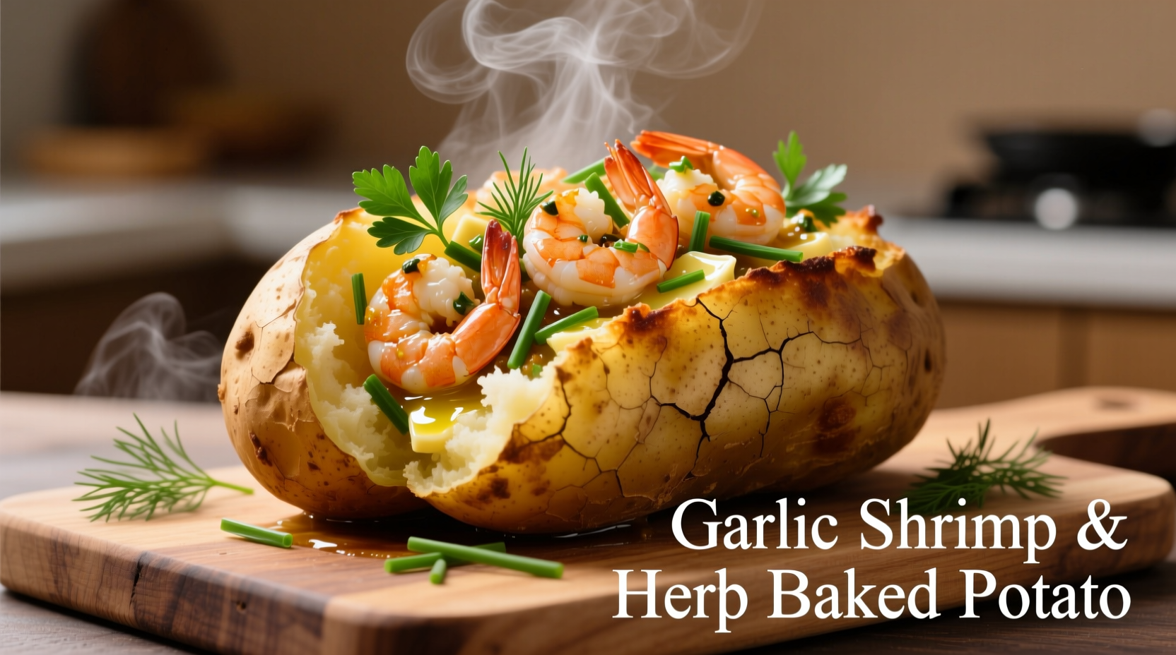 Baked potato topped with garlic shrimp and herbs