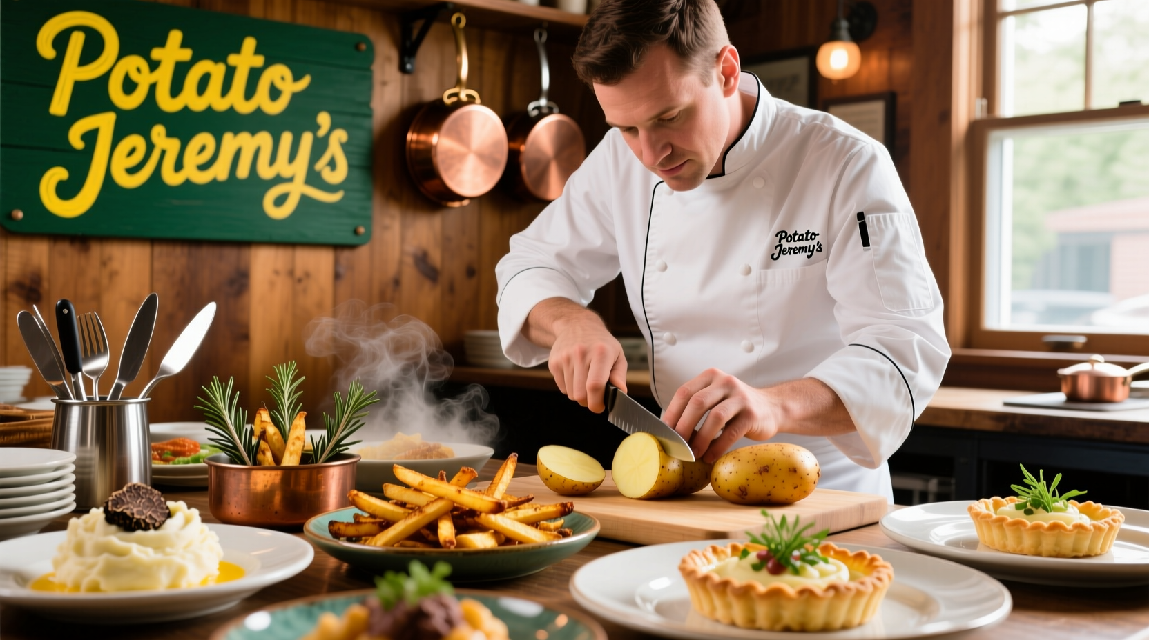 Chef preparing gourmet potato dishes at Potato Jeremy's