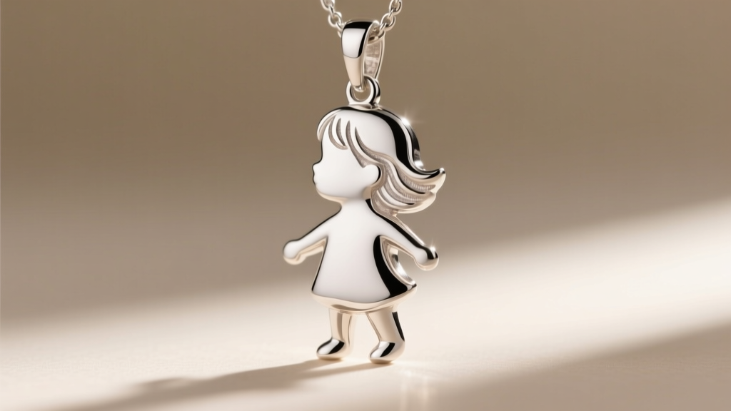 Close-up of a sterling silver pendant featuring a child's drawing replicated in vibrant fired enamel, resting on soft linen.
