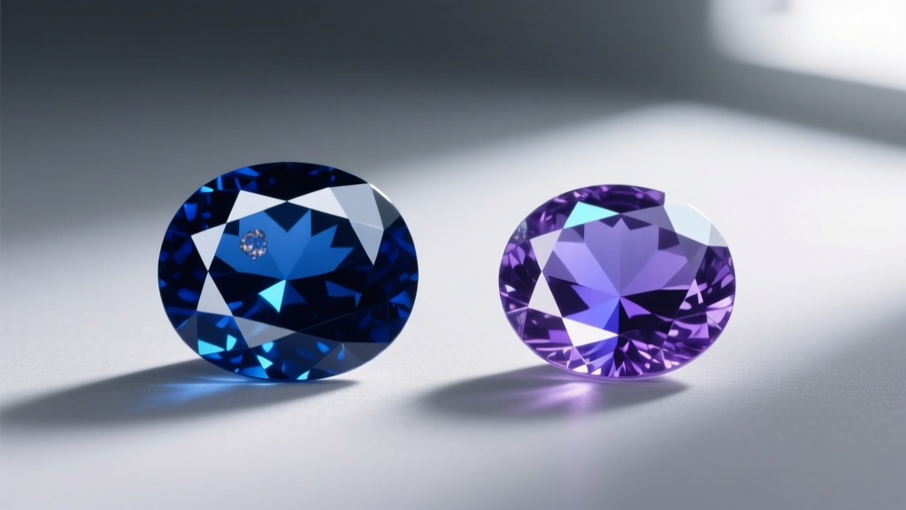 Side-by-side macro photography comparing a deep blue Ceylon sapphire and a pleochroic violet-blue tanzanite gemstone on a neutral gray backdrop
