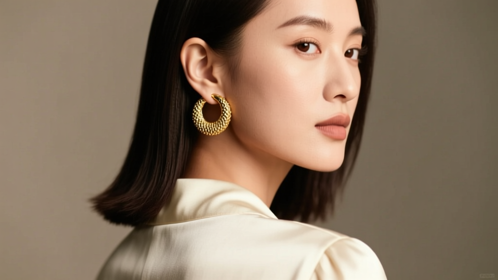 Stylish woman wearing a single 18k gold textured huggie earring on her left ear, looking over her shoulder in soft studio lighting