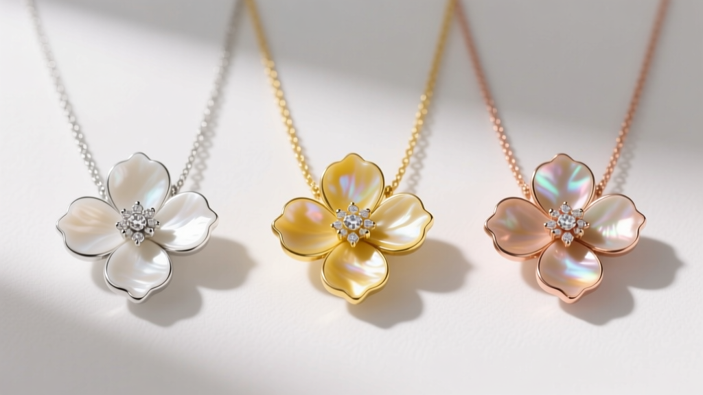 Three mother of pearl flower necklaces laid out side-by-side, showcasing white gold, yellow gold, and rose gold bezel settings.