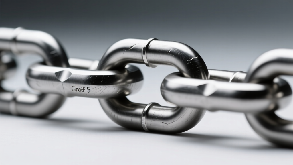 Side-profile rendering of a Grade 5 titanium box chain link, displaying precise interlocking geometry and a brushed matte finish.