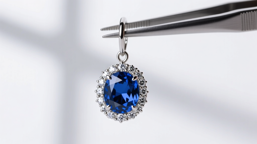 Macro photography of a blue sapphire and diamond halo drop earring held by tweezers, highlighting the intricate platinum prong setting and the deep blue saturation of the gem.