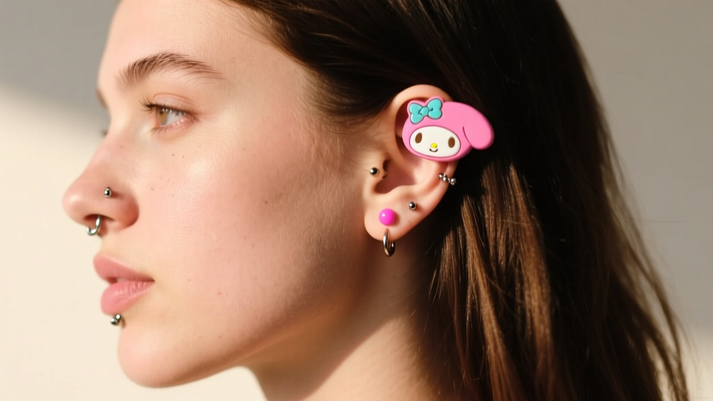 Side profile of a woman with multiple piercings, featuring a My Melody ear cuff on upper cartilage and a pink stud on the lobe.