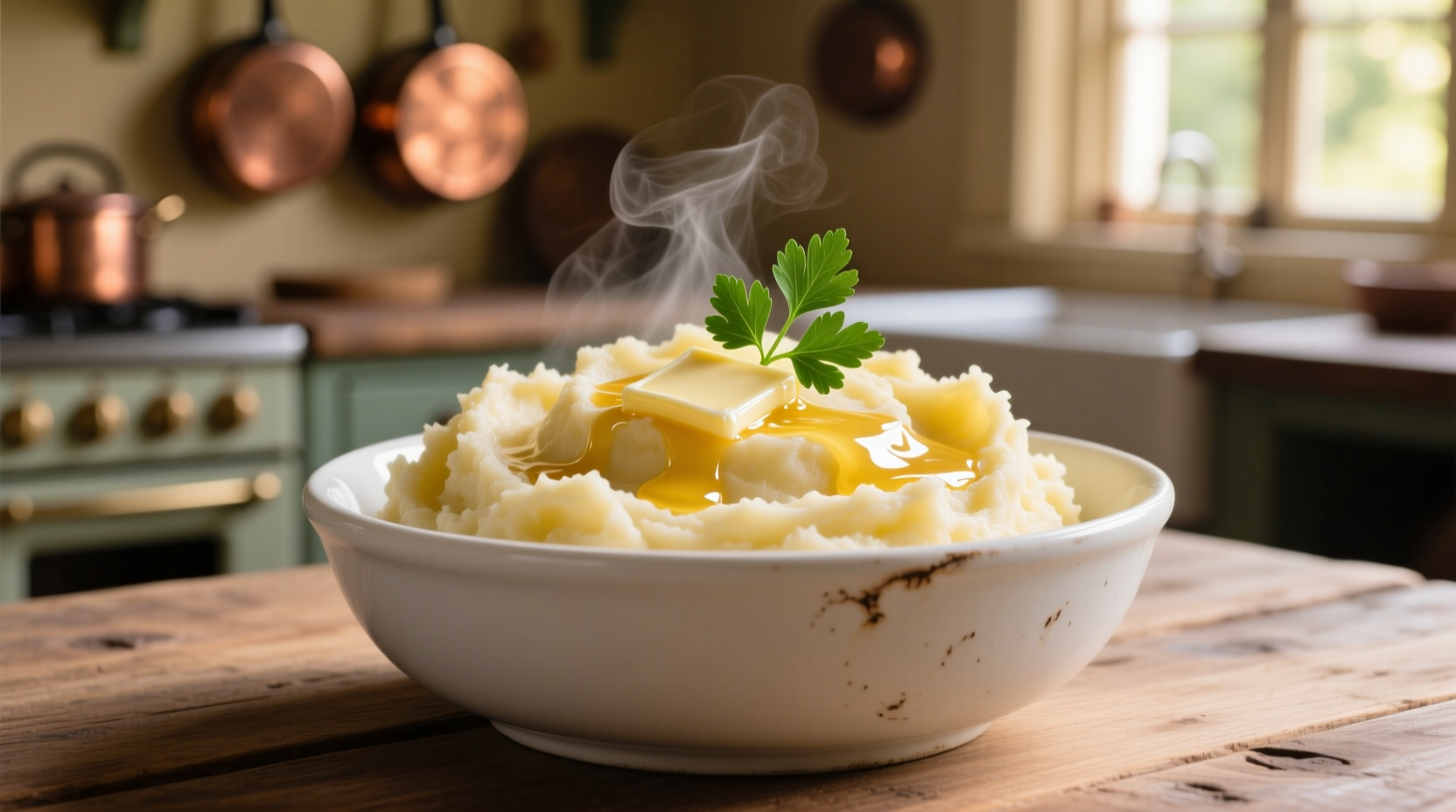 Creamy golden mashed potatoes in white bowl