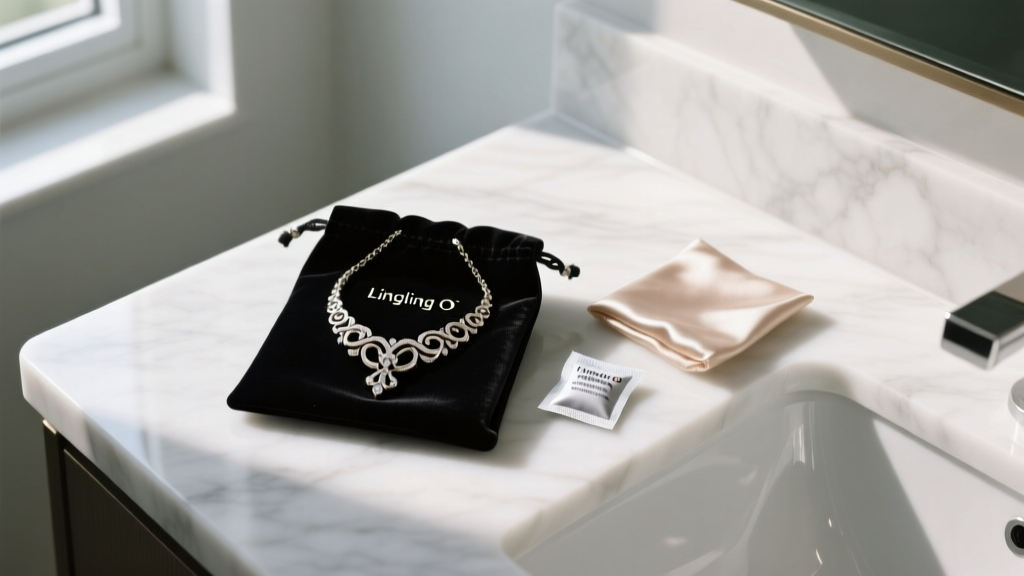 Lingling O necklace in a dark velvet pouch with a silica packet and soft polishing cloth on a bright white marble bathroom vanity