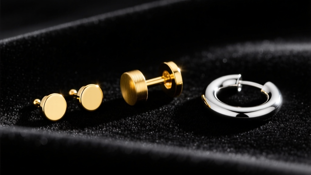 Dark velvet flat-lay showing earring types: 18-gauge gold studs, 16-gauge titanium clickers, and seamless huggie hoops.
