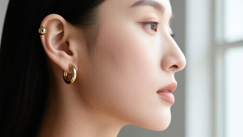Side profile showing an 8mm gold huggie earring on the upper lobe and an 8mm titanium captive bead ring on the helix cartilage