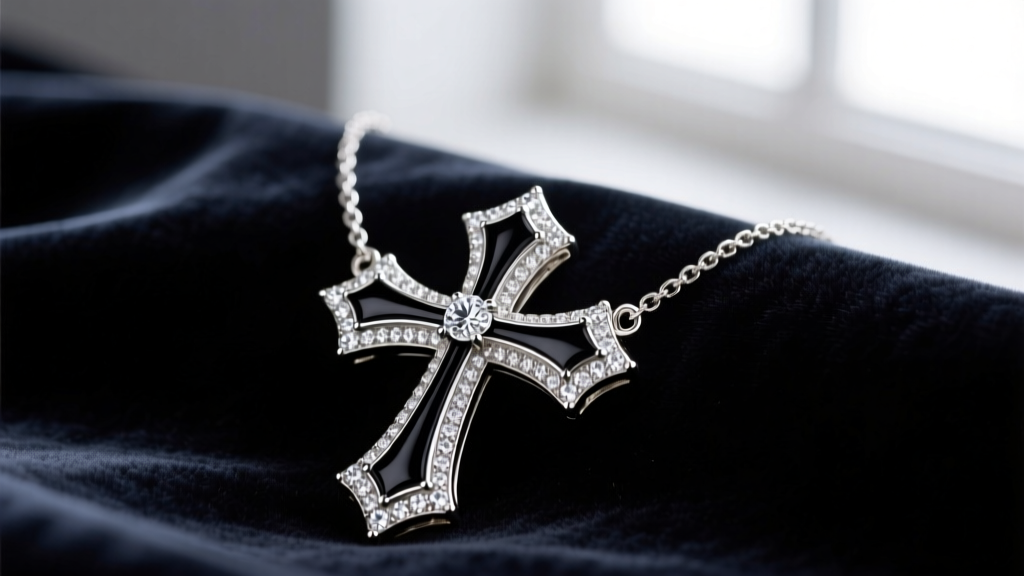 Heidi Daus cross necklace with rhodium-plated brass, black enamel, and pavé Swarovski crystals resting on dark velvet fabric.