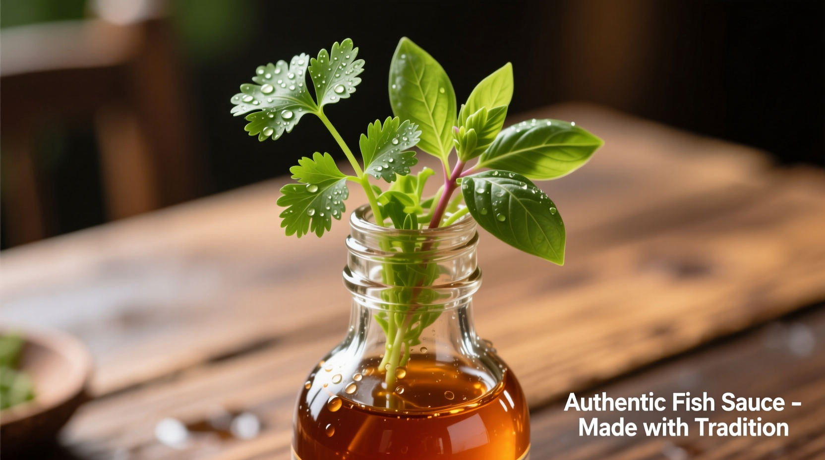 Close-up of fish sauce bottle with fresh herbs