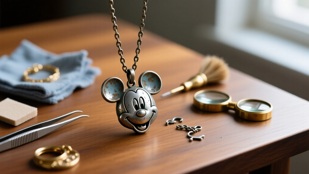 Tarnished zinc Mickey pendant on a broken chain resting on a table beside polishing cloths and small brass jewelry repair tools