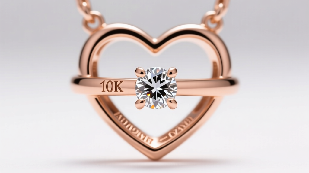 Macro of 10k rose gold open heart pendant showing the hallmark and round cubic zirconia accent stone in a four-prong setting.
