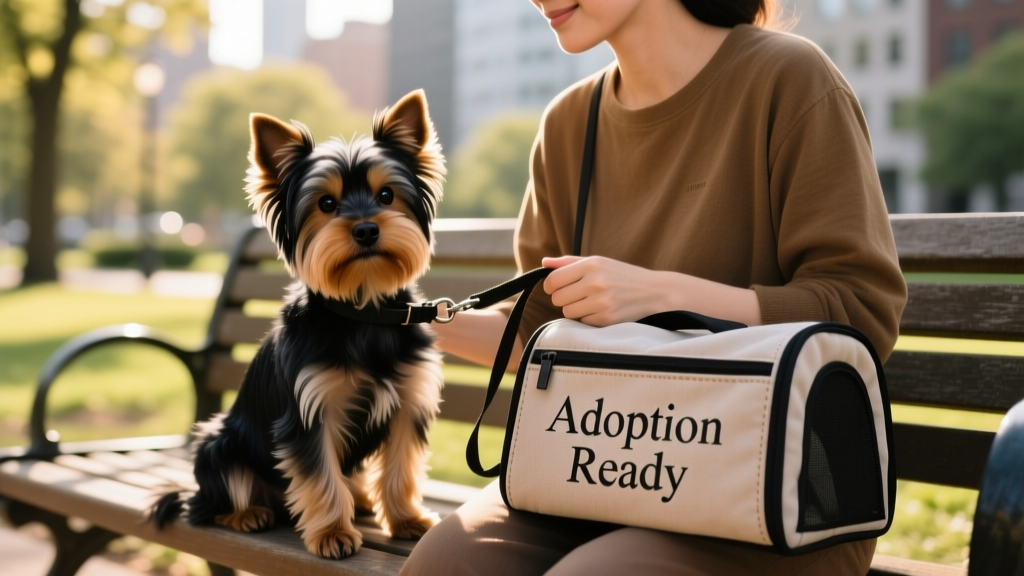 A calm, well-groomed Yorkie sitting beside a person holding a leash and carrier, ready for a shelter visit