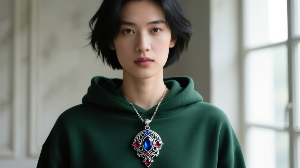 A person wearing a high-quality enameled sterling silver RPG-inspired pendant over a dark green hoodie, soft natural lighting.