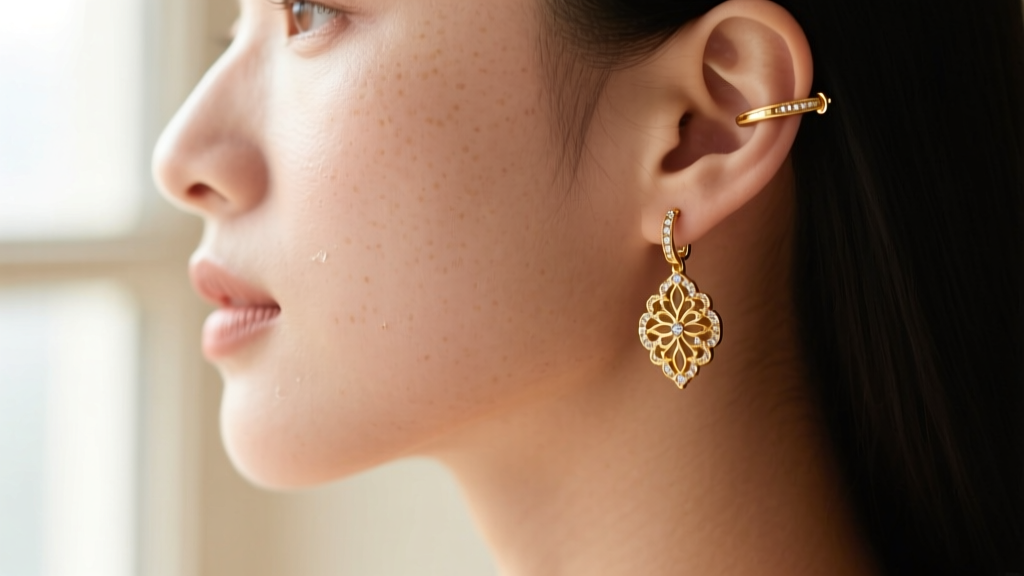 Close-up profile view of a delicate 18k gold ear climber earring tracing the cartilage edge of a woman's ear in soft light