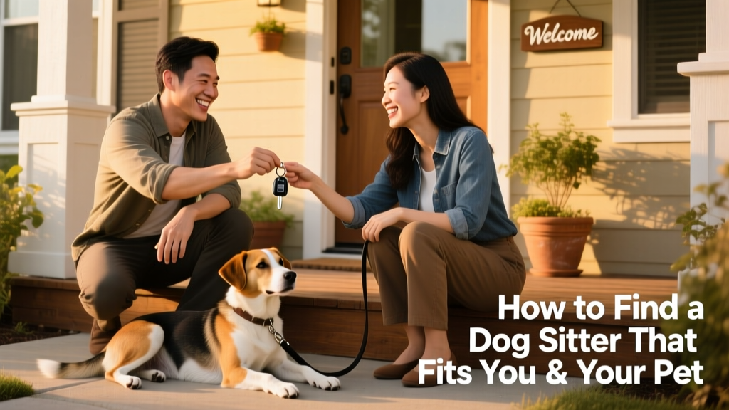 A happy owner handing keys to a smiling, trustworthy sitter outside a home, with a relaxed dog at their feet