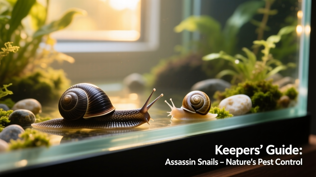 Assassin snail crawling on aquarium glass next to a small ramshorn snail