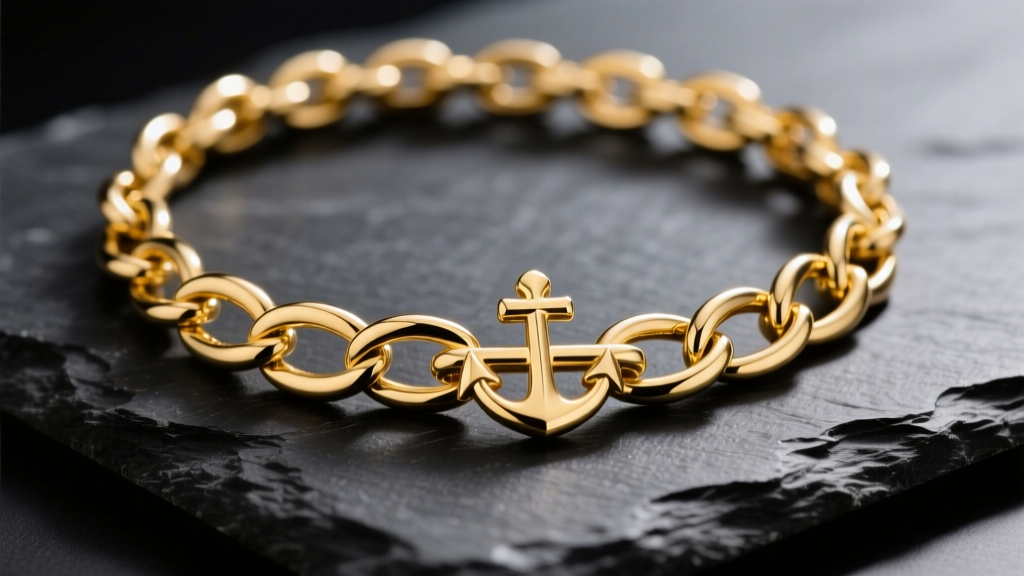 Macro shot of a polished 14k yellow gold anchor chain necklace on dark slate, highlighting oval links with center crossbars.