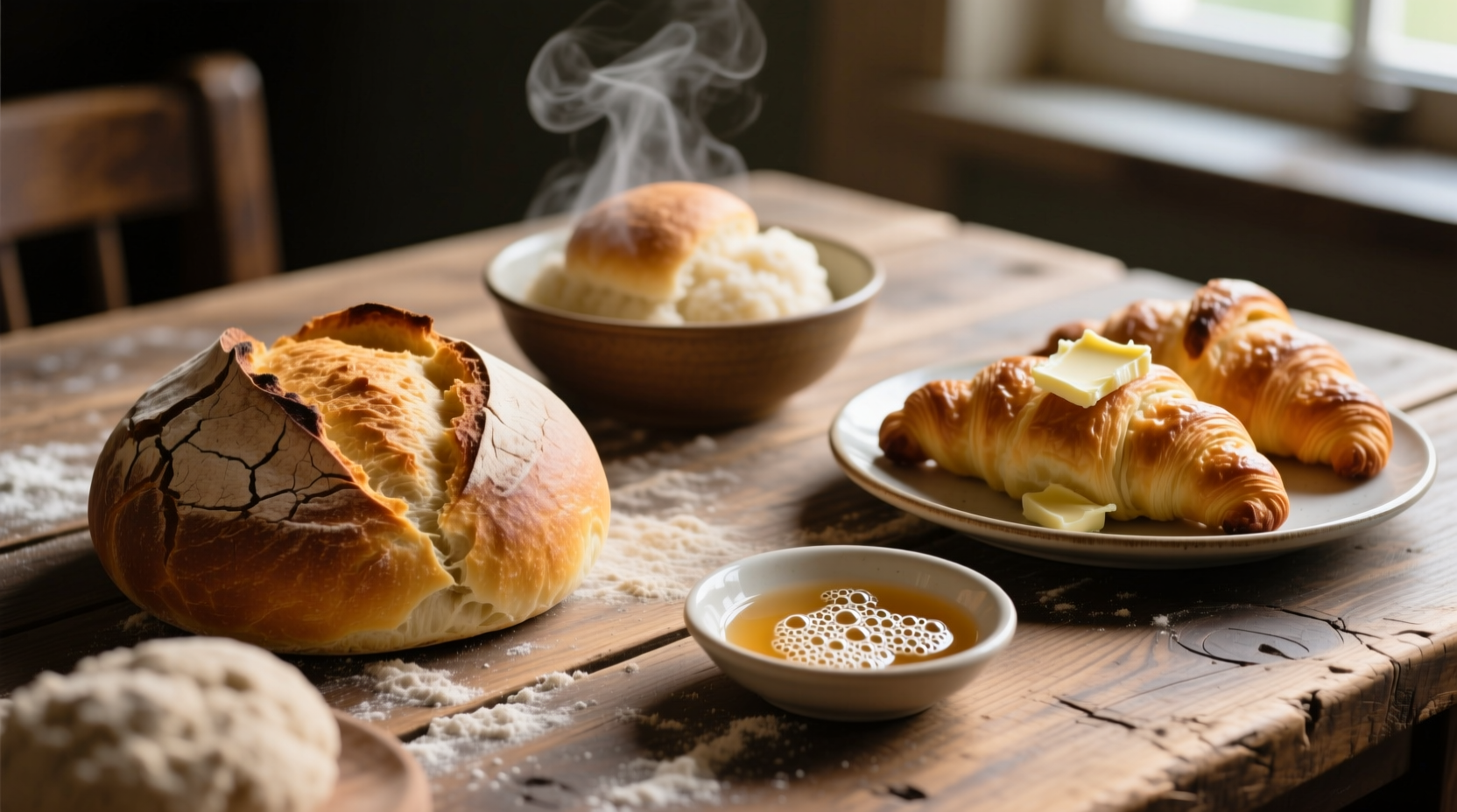 Close-up of various yeast-containing foods on wooden table