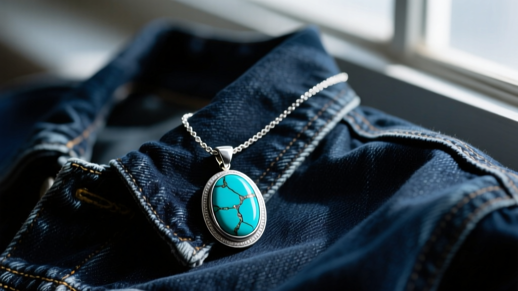 Silver and natural Kingman turquoise pendant necklace resting on dark denim jacket, photographed in moody natural sunlight