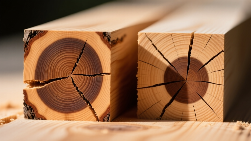 Close-up of a graded Douglas Fir stud showing a tight intergrown knot and a loose encased knot with visible grain deviation around the edges