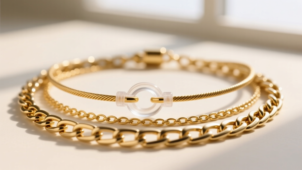 Macro view of layered gold necklaces with a 1.2mm cable chain and 3mm box chain, secured by a clear silicone anti-tangle clasp.