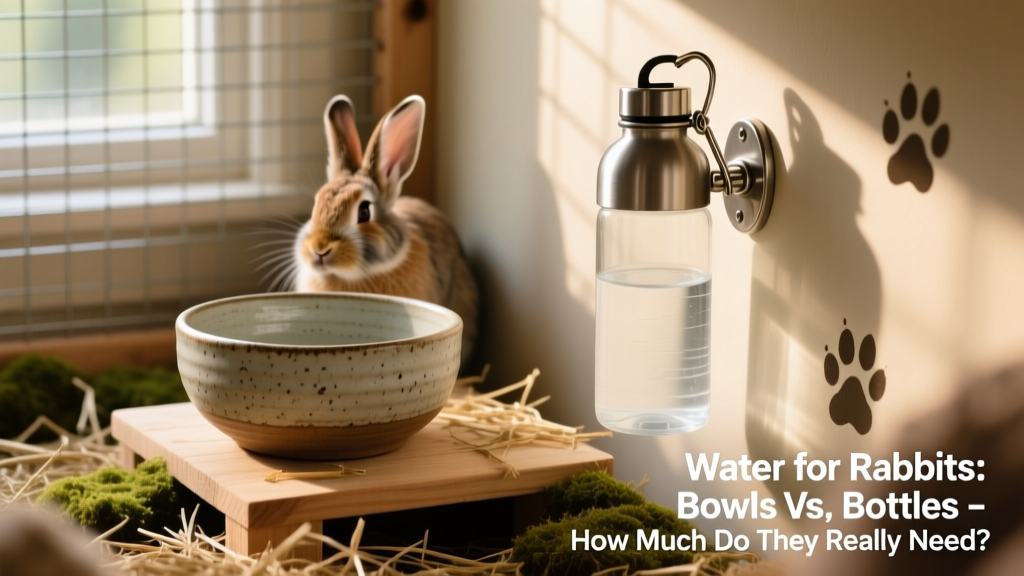 Side-by-side comparison of a sturdy ceramic bowl and a secure-mounted water bottle in a rabbit habitat