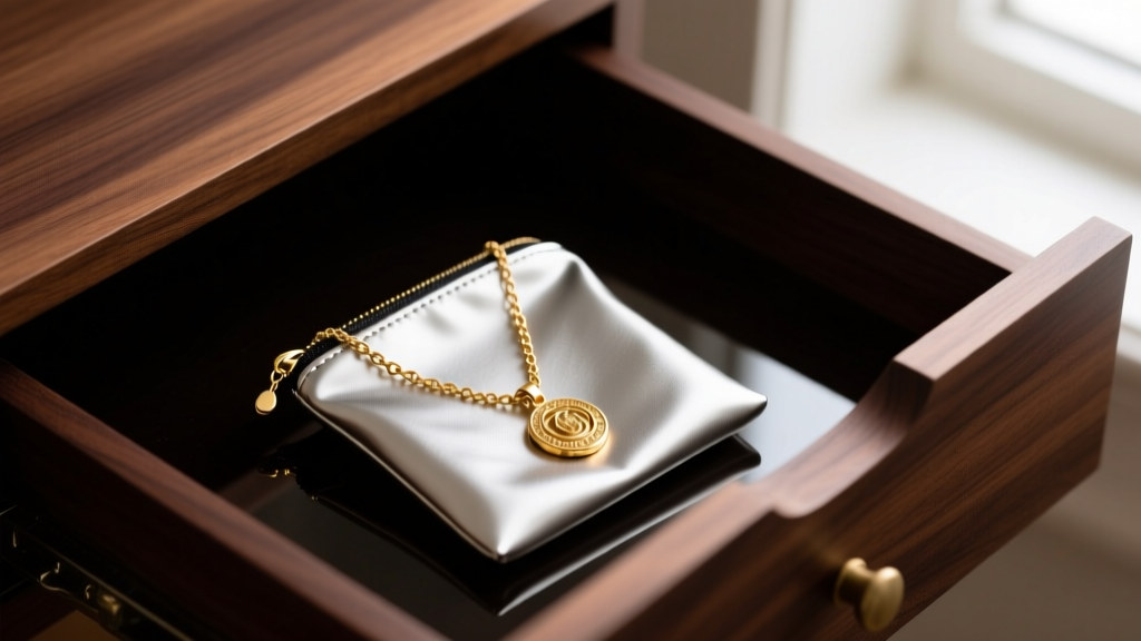 Open anti-tarnish pouch holding a solid 14k gold St Monica necklace, stored safely inside a dark cedar-lined wooden dresser drawer