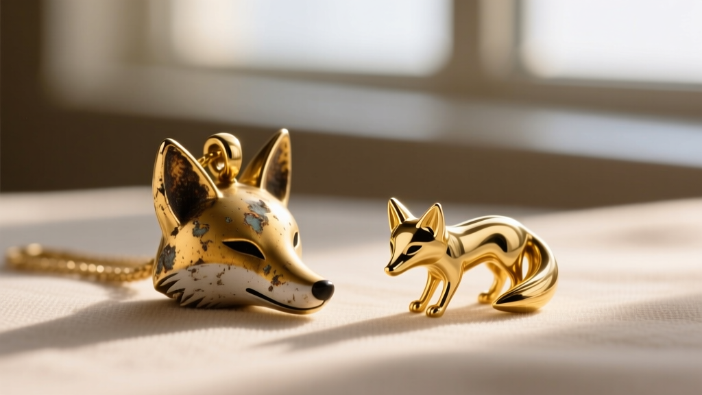 Macro shot of a tarnished gold-plated fox pendant next to a pristine 18k solid gold fox charm, showing wear on the snout and ears.