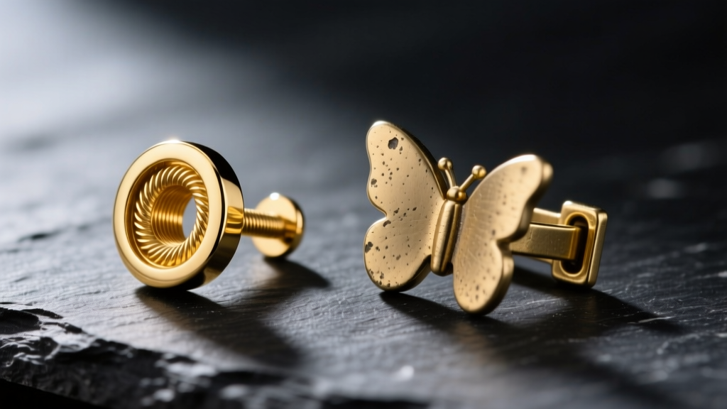 Macro shot comparing an internally threaded 14k gold flat back post next to a standard brass butterfly clutch on dark slate.