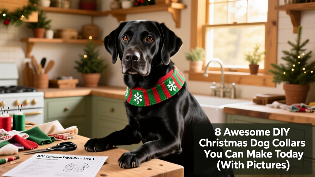 Black dog wearing a green and red collar