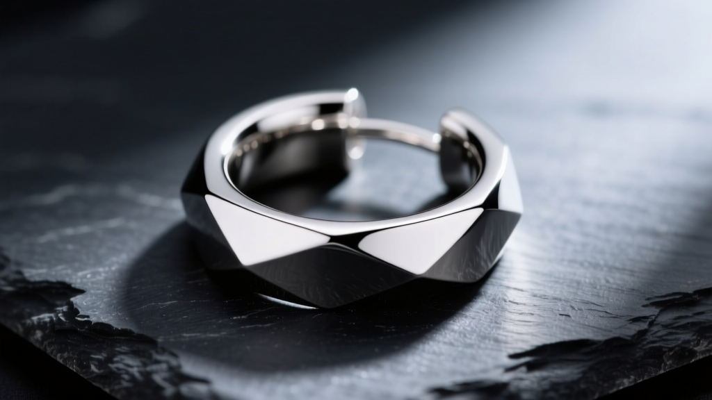 Macro shot of a titanium seamless hoop earring on dark slate, highlighting the polished metal finish and precise beveled edges