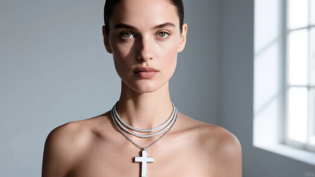 Fashion portrait of a model wearing a layered white enamel cross necklace on a delicate chain against a soft grey studio backdrop