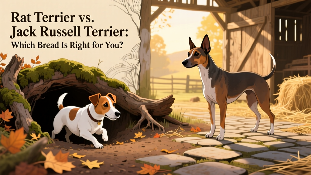 Historical illustration-style image showing a Jack Russell Terrier 'going to ground' in a fox den and a Rat Terrier alertly patrolling a rural barnyard