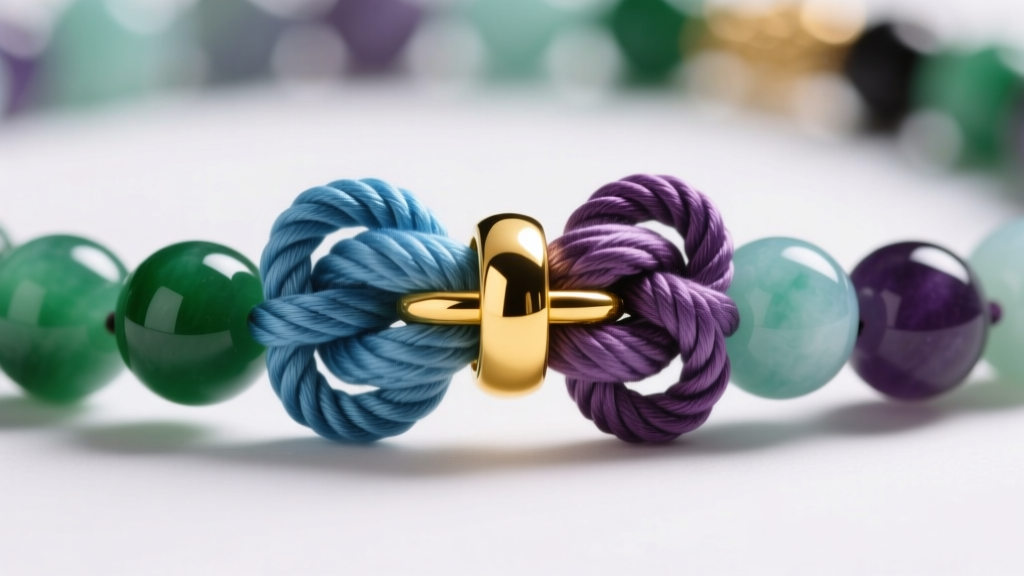 Close view of traditional silk knots separating round multi color jade beads, secured by a polished 18k yellow gold barrel clasp.