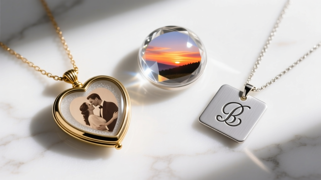 Flat lay of three image necklaces on white marble, including a heart locket, a circular projection gem, and a square engraved tag