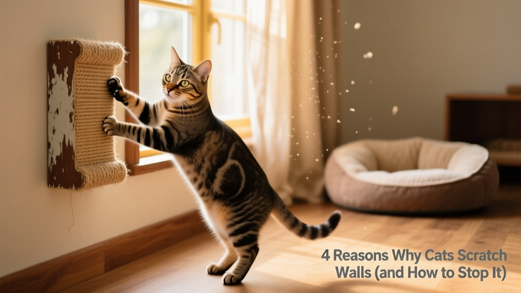 A cat confidently using a wall-mounted sisal scratcher next to a windowsill, with a cozy bed visible nearby