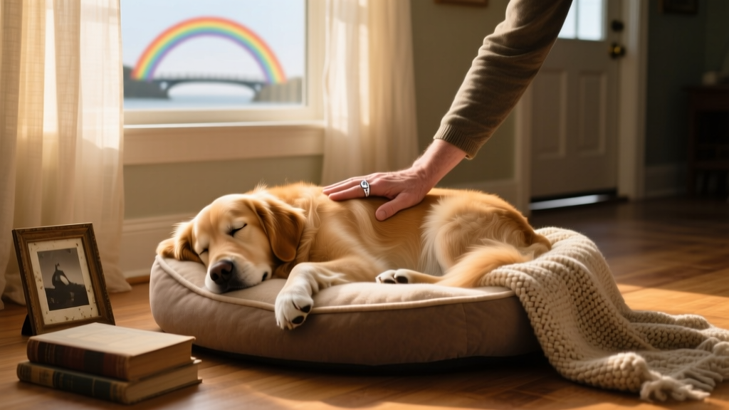 A calm, serene home setting with a cozy dog bed, soft lighting, and a hand gently resting on a sleeping Golden Retriever’s back