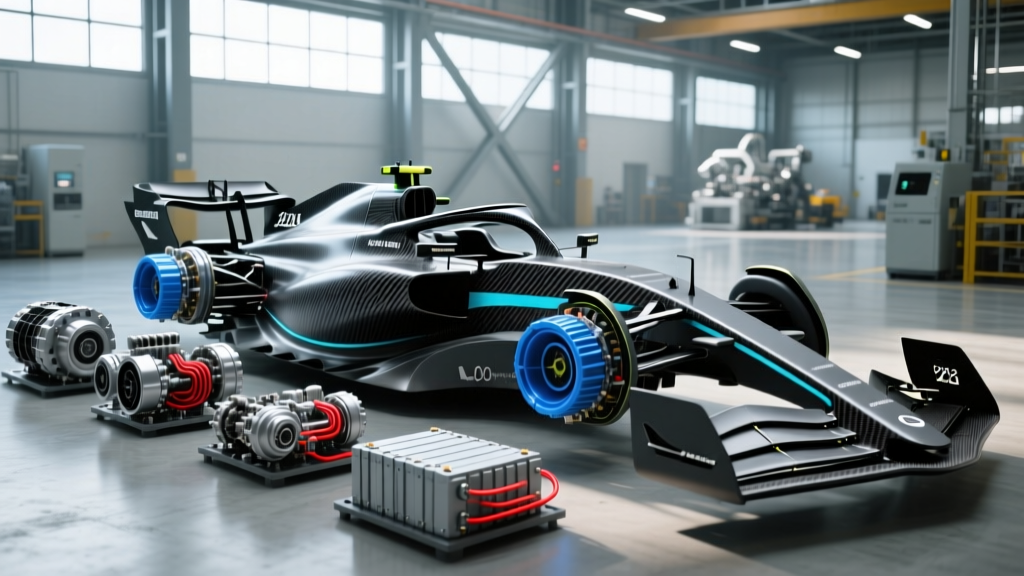 Exploded view of a 2026 Formula 1 car chassis highlighting carbon fiber monocoque and hybrid power unit components in a high-tech factory
