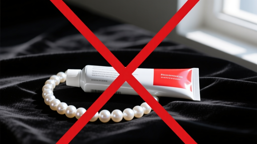 Warning image showing toothpaste crossed out next to an unharmed strand of white Akoya pearls resting on dark velvet fabric.