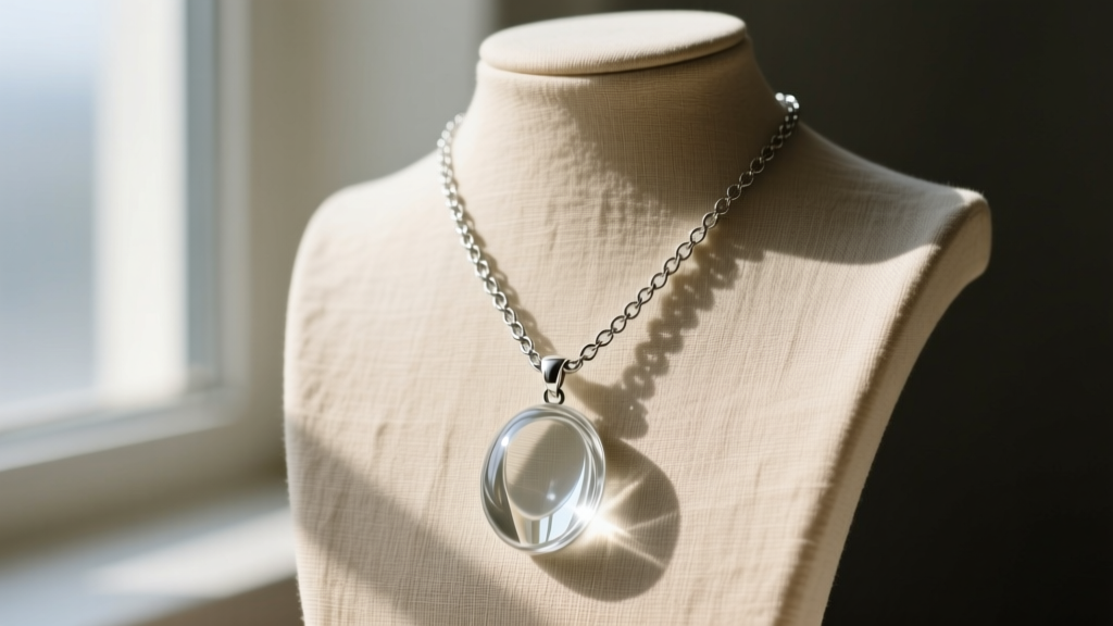 A silver chain with a heavy glass pendant, showing how weight pulls the chain into a deep V on a beige linen jewelry display bust.