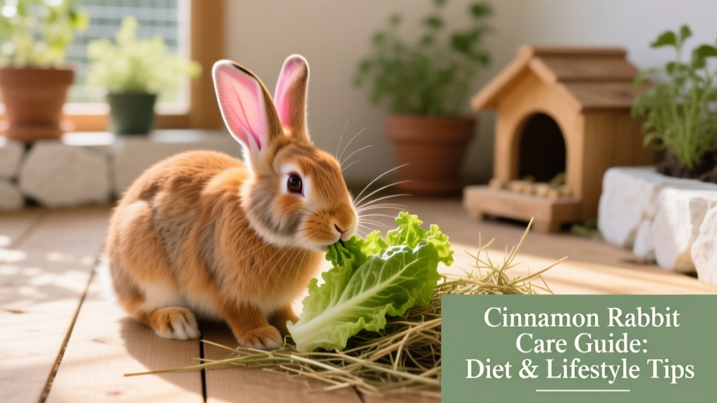 A Cinnamon rabbit nibbling fresh romaine lettuce and timothy hay in a clean, sunlit enclosure
