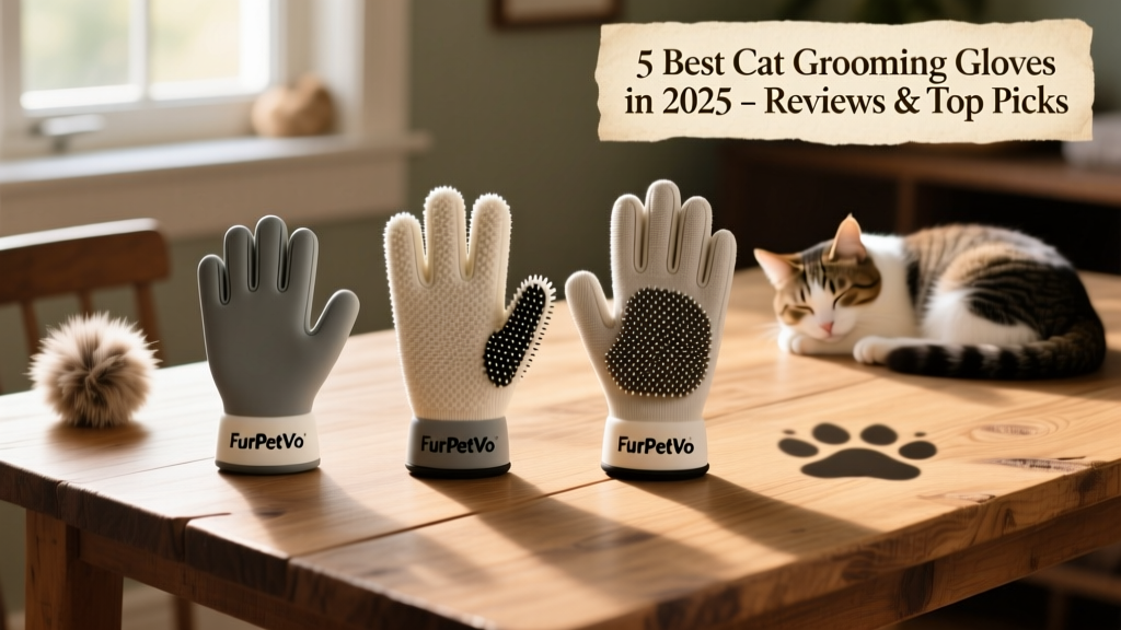 Side-by-side comparison of three FurPetVo gloves showing different nub lengths and textures