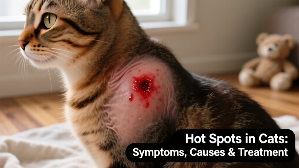 Close-up of a cat’s red, moist, hairless skin lesion on the shoulder area