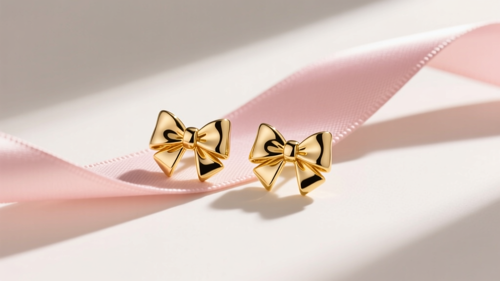 Flat lay of Kate Spade gold-plated brass bow stud earrings on a blush pink silk ribbon, illuminated by soft morning window light