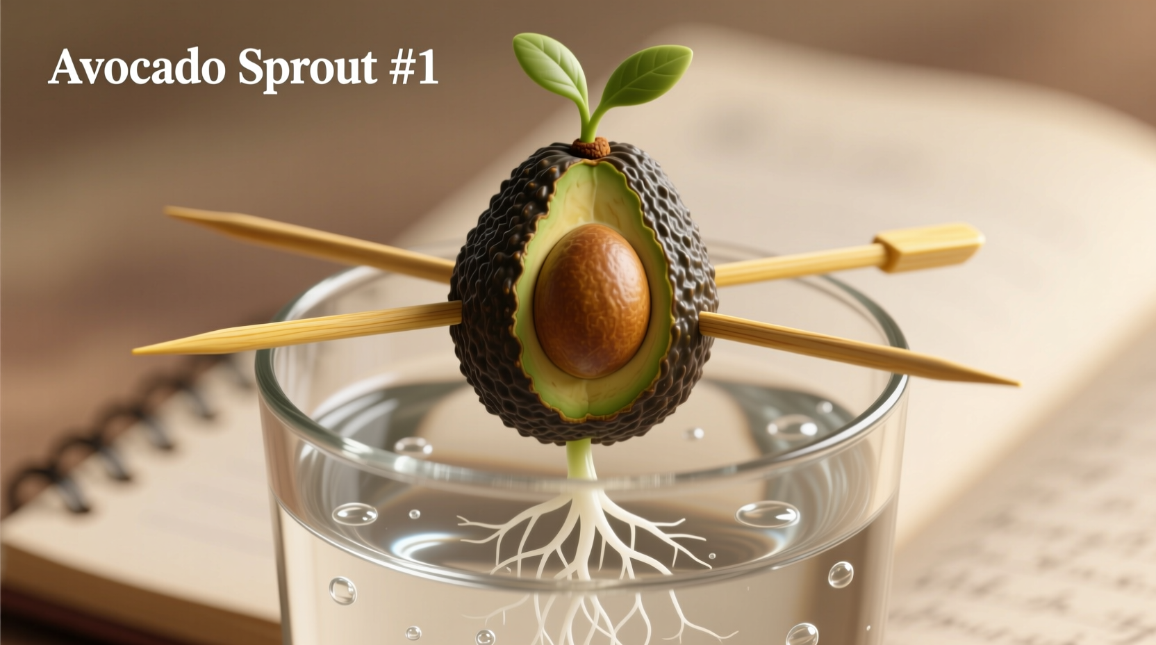 Avocado seed sprouting with toothpicks in water