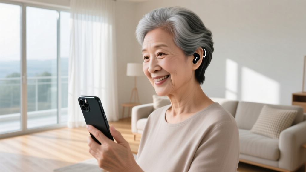 Senior wearing sleek black wireless OTC hearing aid earbuds smiling while looking at a smartphone in a modern sunlit living room